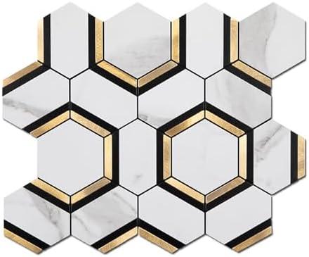 Soulscrafts 3-Sheet Peel and Stick Backsplash Tile 3'' Hexagon PVC White Marble Stone with Gold Metal Self-Adhesive Mosaic Decor Sticker for Kitchen Wall Tile Bathroom
