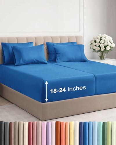 Extra Deep Split King Sheet Set - 7 Piece Breathable and Cooling Sheets - Hotel Luxury Bedding for Women, Men, Kids & Teens - Easy Secure Fit - Soft & Wrinkle Free - Extra Deep Pockets - Royal Blue
