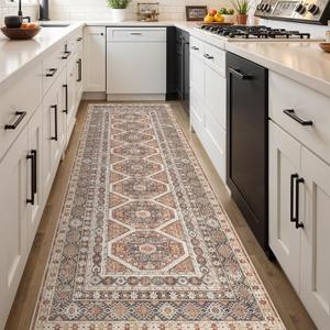 3x10 Runner Rug Kitchen Washable: Oriental Indoor Hallway Runners with Non Slip Backing Floor Mat for Entryway Door Low Pile Thin Carpet for Bedroom Bathroom Living Room Bedside Brick