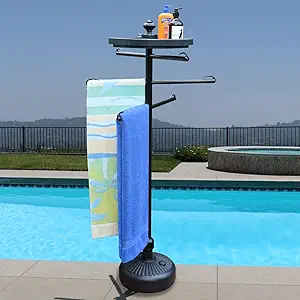 Outdoor Towel Rack with Storage Tray and Bar Clips - 6 Arm Towel Rack for Pool, Hot Tub, or Outdoors