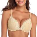 Deyllo Womens Push Up Lace Bra Comfort Padded Underwire Bra Lift Up Add One Cup (36DD, Beige)
