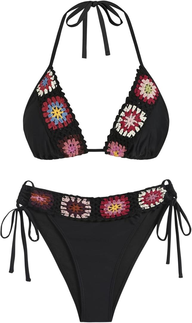 ZAFUL Women's Halter Triangle Bikini Set Crochet Boho Floral Swimsuit Cut Out Tie Side Two Piece Bathing Suit (1-Black, M)