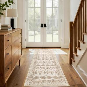 XWZO Runner Rug 2x6ft, Washable Hallway Runner with Non-Slip Backing, Spill Stain Resistant Floor Mat for Entryway Corridor Bedroom Kitchen Living Room, Soft Low-Pile Area Carpet, Beige