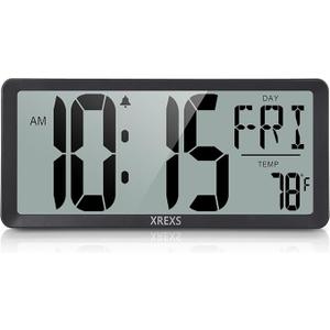 XREXS Large Digital Wall Clock, Battery Operated Alarm Clocks for Bedroom Home Decor, Count Up & Down Timer, 14.17 Inch Large LCD Screen with Time/Calendar/Temperature Display (Batteries Included)