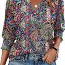 XIEERDUO Blouses for Women Dressy Casual 3/4 Length Sleeve Womens Tops V Neck T Shirts with Smocked Cuffs (XX-Large)