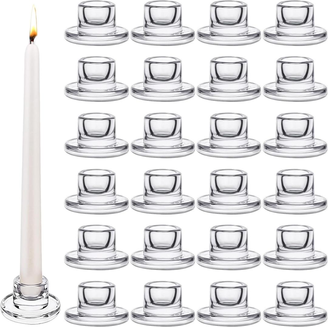 24 PCS Glass Taper Candle Holders Bulk Candlestick Holders Clear Short Tapered Candle Stick Holder Decor Set for Table Centerpiece Wedding Party Advent Christmas Home Decorations (24, Clear)