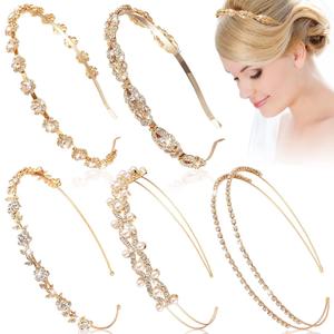 XunYee 5 Pcs Gold Rhinestones Headbands for Women Flower Leaf Tiara Crown Headband Metal Prom Headpiece Bridal Wedding Hair Accessories for Bride Girl Party(Gold)