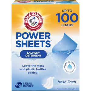 Arm & Hammer Power Sheets Laundry Detergent, Fresh Linen 50ct, up to 100 Small Loads