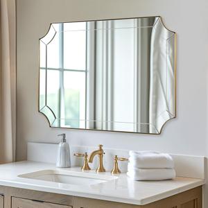 MOON MIRROR 30x40 Scalloped Bathroom Mirror, Gold Rectangle Wall Mirror with Scallop Corner, Non-Rusting Vanity Mirror with Curved Cutouts, Well Made Antique Mirror Hangs Horizontal & Vertical