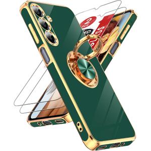 LeYi for Samsung Galaxy A16-5G Case: 2 Pack Tempered Glass Screen Protector and 360 Rotatable Ring Holder Magnetic Kickstand, Plating Rose Gold Edge para A 16 Case, Dark Green
