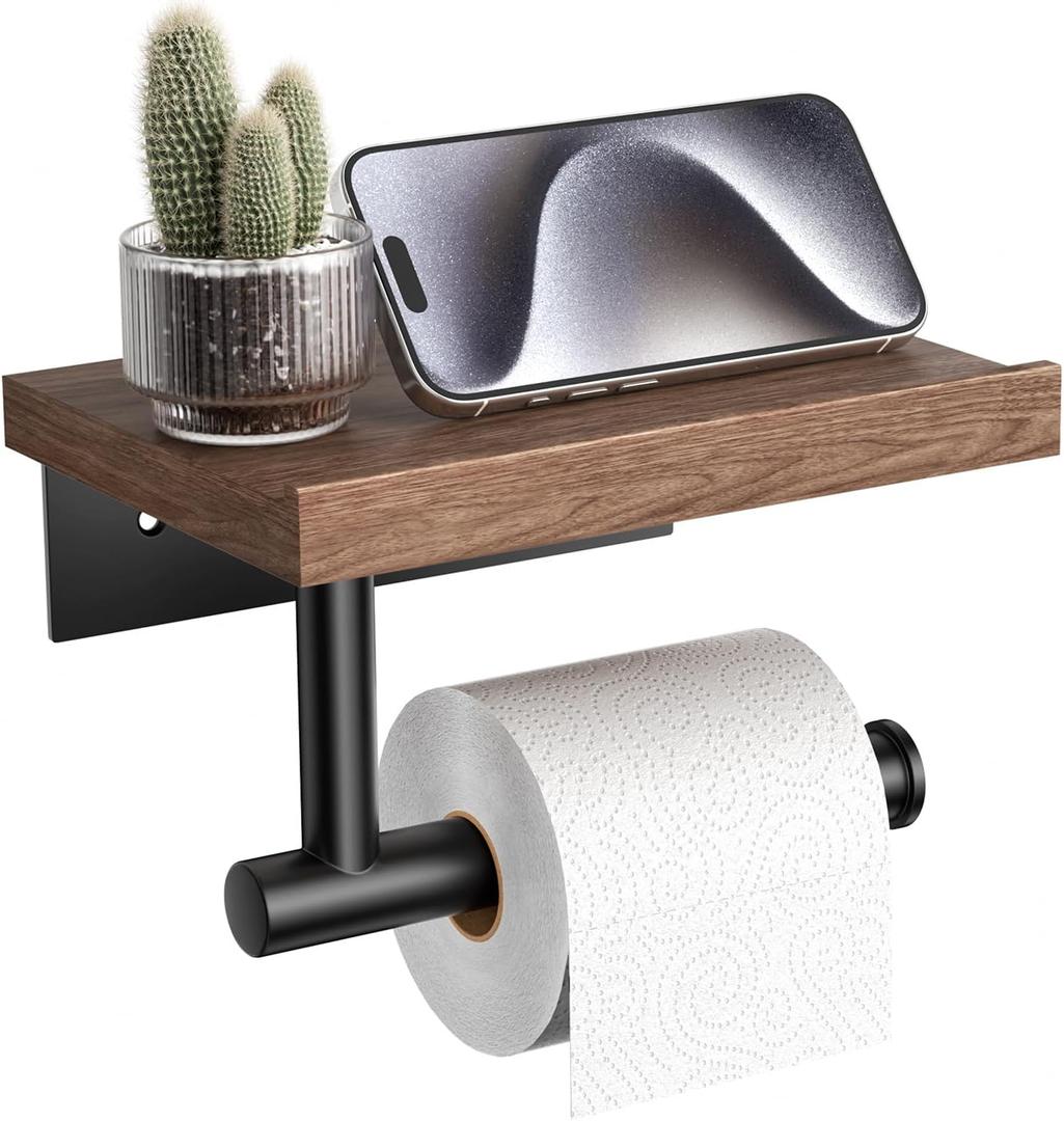 Tindbea Toilet Paper Holder with Wood Shelf, Wooden Wall Mount Tissue Paper Roll Holder, Matte Black Stainless Steel Bathroom Accessories Decor Household Home Apartment Restroom Essentials (Walnut)