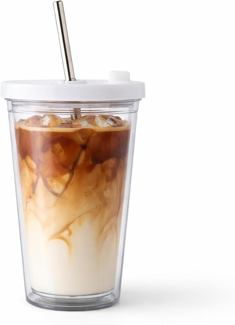 Reusable Iced Coffee Cup 16 Oz, Leakproof Iced Coffee Tumbler, Clear Plastic Tumbler with Lid and Straw, Double Wall Insulated, BPA-Free, No Sweat, for Hot and Cold Drinks