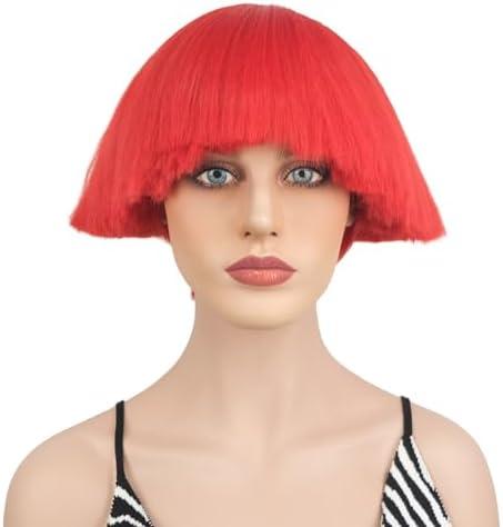 Wiginway Bowl Cut Costume Wig, Mushroom Cut Wigs for Male Women, Short Yaki Straight Fluffy Wigs, Red