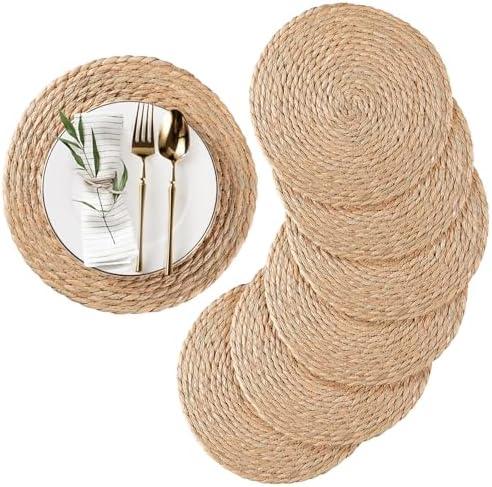 RUNTIVAN Round Woven Placemats Set of 6 Natural Water Hyacinth Place mats, 12 inch Rattan Placemats Wicker Placemats Farmhouse Boho Braided Heat Resistant Outdoor Placemat Patio Table Place Mats