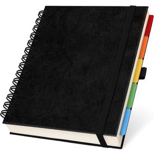 Hardcover Leather Lined Spiral Notebook 8x10" with Removable Dividers - Black - 300 Pages 5 Subject College Ruled Notebook for Work with Tabs, Pockets, and Pen Loop for Note Taking, Large Journal