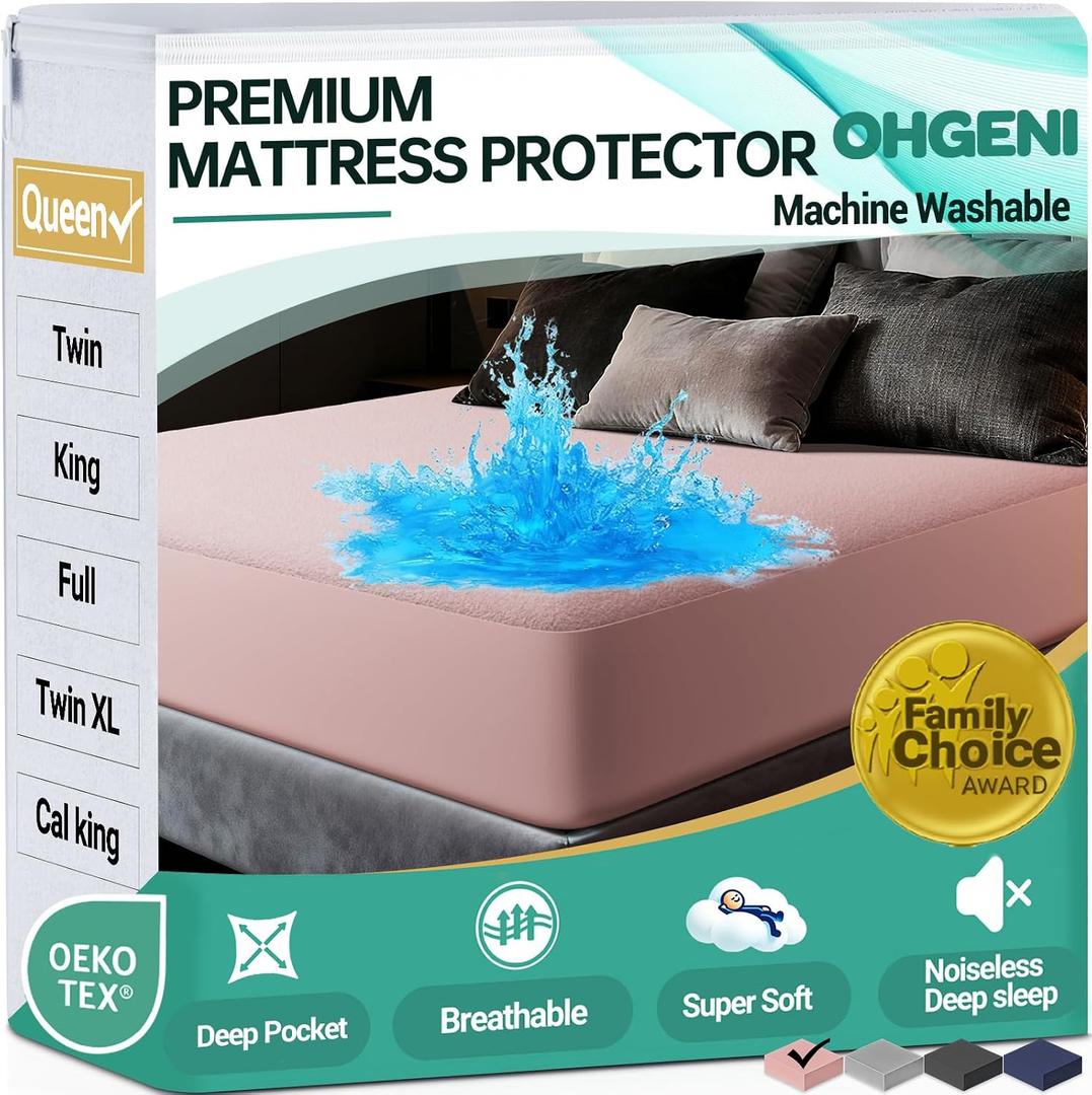 OhGeni 100% Waterproof Mattress Protector, Queen Size Pink, Fitted Sheet with Deep Pockets, 6''-18'', Premium Noiseless Breathable Soft Material, Mattresses Cover for Bed