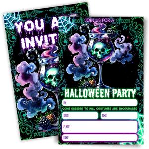 4" x 6"Halloween Invitation Card - 20 Fill-in Cards With Envelopes Wine Glass Skull Pattern Party Invitation Card - Applies To Costume Party, Scary, Birthday Invite Cards, Party Supplies - A06