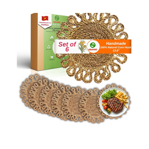 Handmade Round Woven Placemats Set of 6 – Natural Corn Husk Woven Place Mats – Heat Resistant, Non-Slip Wicker Table Mats – Rattan Round Placemats – for Dining, Weddings, Christmas & New Year Decor