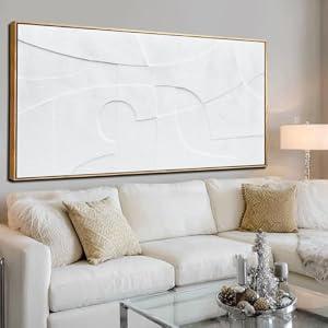 Large Framed Neutral Abstract Wall Art For Living Room, 3D Modern Canvas Paintings Artwork For Walls, White Pictures Wall Decor For Living Room Hallway Office 29"x58"