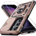 Janmitta Compatible with Samsung Galaxy S25 Plus/S24 Plus Case Built in Slide Camera Lens Cover+Screen Protector+Finger Ring Holder Kickstand,Heavy Duty Shockproof Full Body Phone Cover,Rose Gold