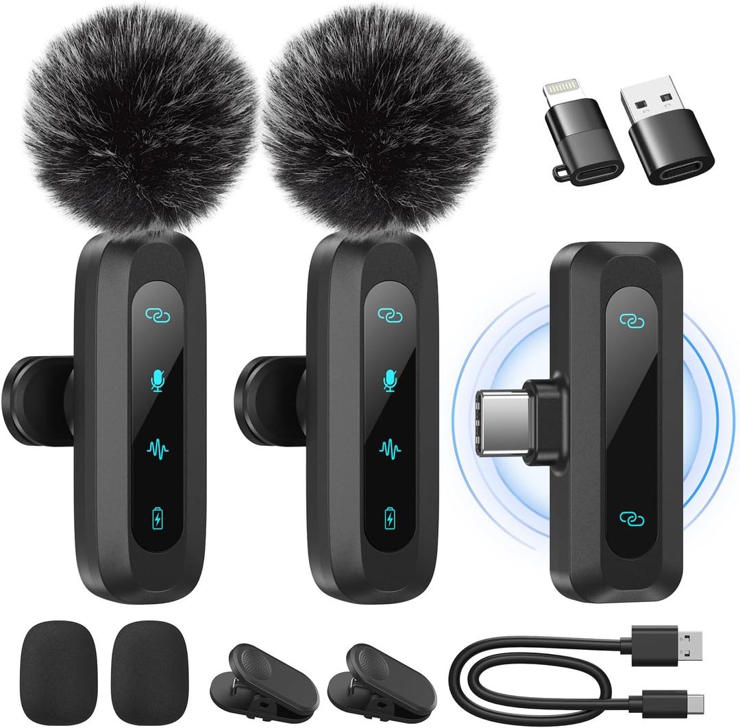 Wireless Lavalier Microphone for iPhone, iPad, Android Phone2-Pack Mini Microphone with Noise Reduction, Auto Pairing and Mute & Reverb for Vlogging, Video Recording, TikTok, YouTube - Plug & Play