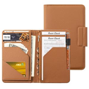 CoBak Premium Server Book - 5.12" x 7.91" Waiter Wallet Organizer in Genuine Leather, with 8 Pockets, Magnetic Pocket, Zipper Pouch, Pen Hook & Magnetic Closure.Fits Apron Pocket. (*A-Elite-Brown)