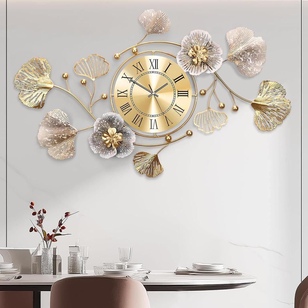 Clocks for Living Room, Large Wall Clock, 3D Silent Wall Clock, Retro Metal Ginkgo Leaf Design, for Bedroom Kitchen Decorative Wall Clocks（47''x23'' ）