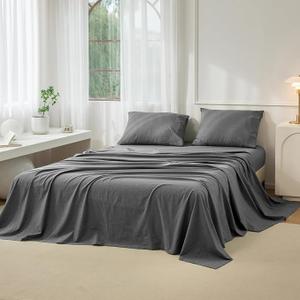 JIYUAN 100% Washed Cotton Sheet Set 4 Pieces Queen, 1 Fitted Sheet, 1 Flat Sheet and 2 Pillowcases, Comfy and Breathable Linen Like Bedding Set