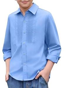 Haloumoning Boys Pleated Front Long Sleeve Dress Shirts Kids Button Down School Uniform Shirt (9-10 Years, Blue)
