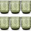 Hacaroa Set of 6 Vintage Drinking Glasses, 12 Oz Green Colored Glassware Floral Embossed Water Glasses, Decorative Beverages Tumblers for Cocktail, Whiskey, Beer