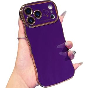 IDweel for iPhone 17 Pro Max Case for Women Girls, Luxury Cute Wave Frame Curly Shape with Love Heart Raised Camera Protection Slim Fit Cover Plating Shockproof Lightweight Phone Case, Dark Purple