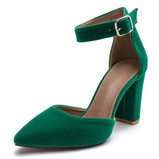 fereshte Women's Chunky Block Heels Closed Toe Ankle Strap Pumps Pointed Toe High Heel Dress Shoes, Velvet Emerald Green US: 10