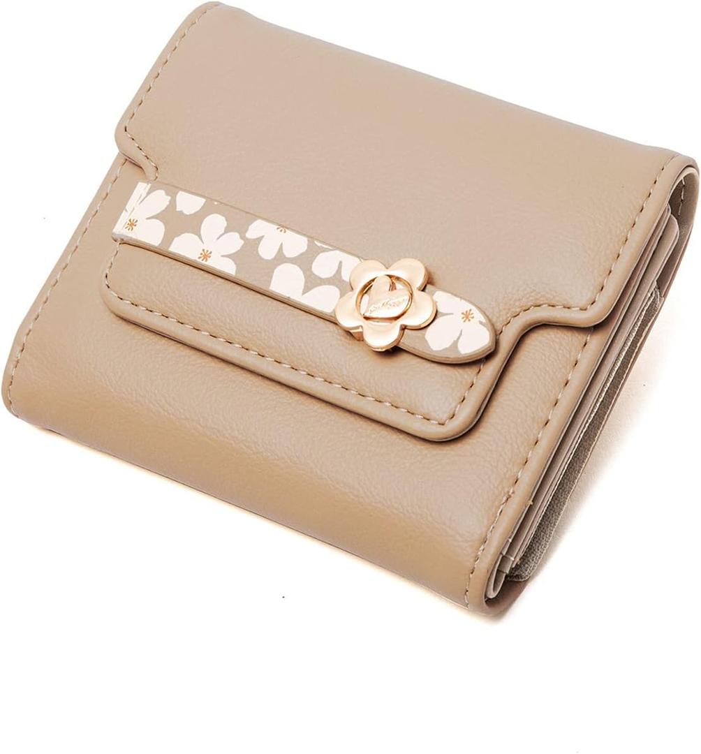 Wallets for Women Rfid Small Womens Wallet Trifold Flower Leather Ladies Wallet with Card Holder&Zipper Coin Purse (Beige)