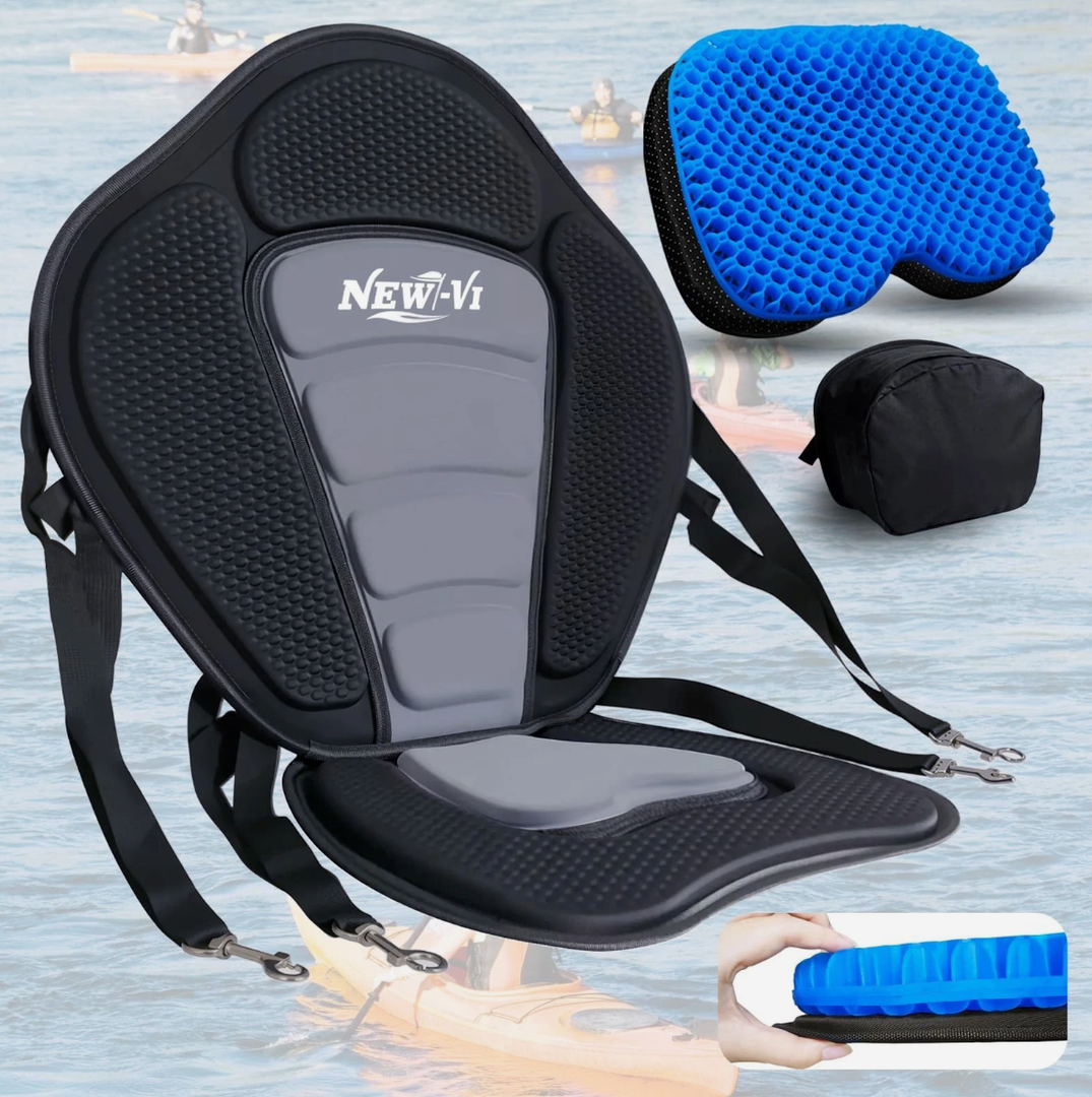 NEW-Vi Deluxe Kayak Seat with Gel Cushion & Storage Bag - Padded Ergonomic Backrest for Kayak, Canoe, SUP, Fishing Boat - Anti-Slip & Waterproof