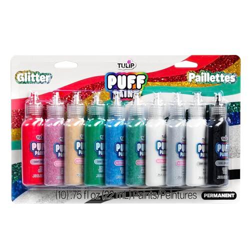 Tulip Glitter Puff Paint Pack, Permanent Multi-Surface Craft Paint for Drawing, Marbling, Hand Lettering or Dot Art Techniques, Use on Fabrics, Decor, Rock Painting, Egg Painting, Ornaments, 10 Colors