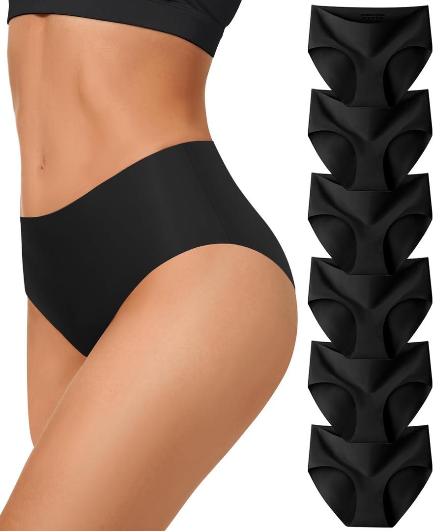 Nylon Underwear for Women, Seamless Panties, Hipster No Show Invisible Briefs, Mid Waist, Multi, 6 Pack (Large, Black)