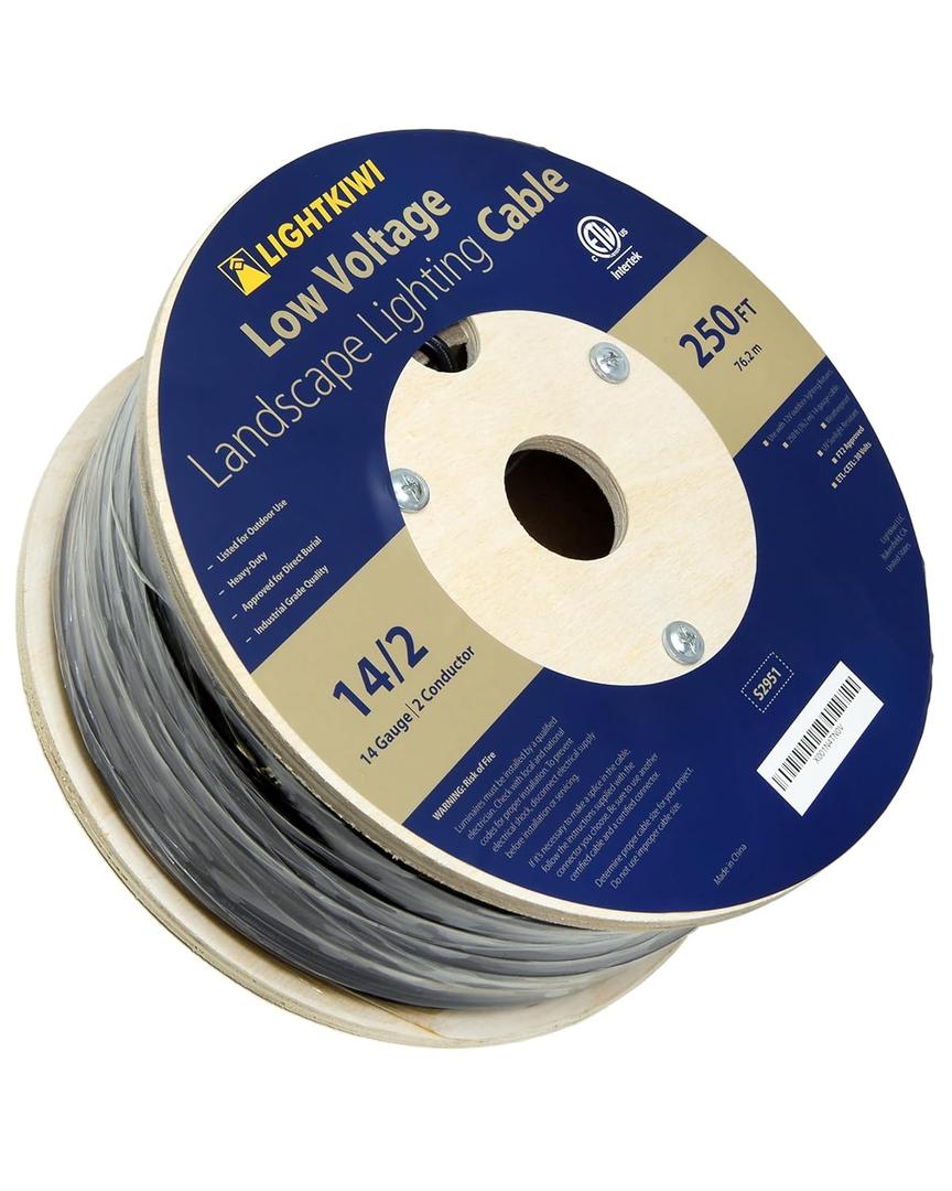 Lightkiwi 14/2 Low Voltage Landscape Lighting Wire - 250 Feet - Copper, Outdoor Direct Burial Wire - Under Ground Stranded Electrical Cable for Spotlight, Pathway Light and LED Lights - ETL Listed