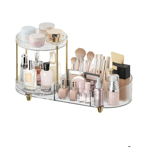 Makeup Organizer Countertop for Vanity, Rotating Perfume Tray with 5-compartment Cosmetic and Skincare Organizers, Multi-Purpose Desk Storage Makeup Brush Holder for Bathroom Bedroom Counter