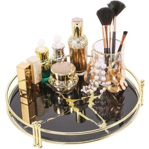 Zosenley Makeup Organizer Tray, Decorative Glass Vanity Tray, Round Cosmetic Storage for Jewelry, Makeup, Perfume, Decor and More, Size 11.5, Black Marbling