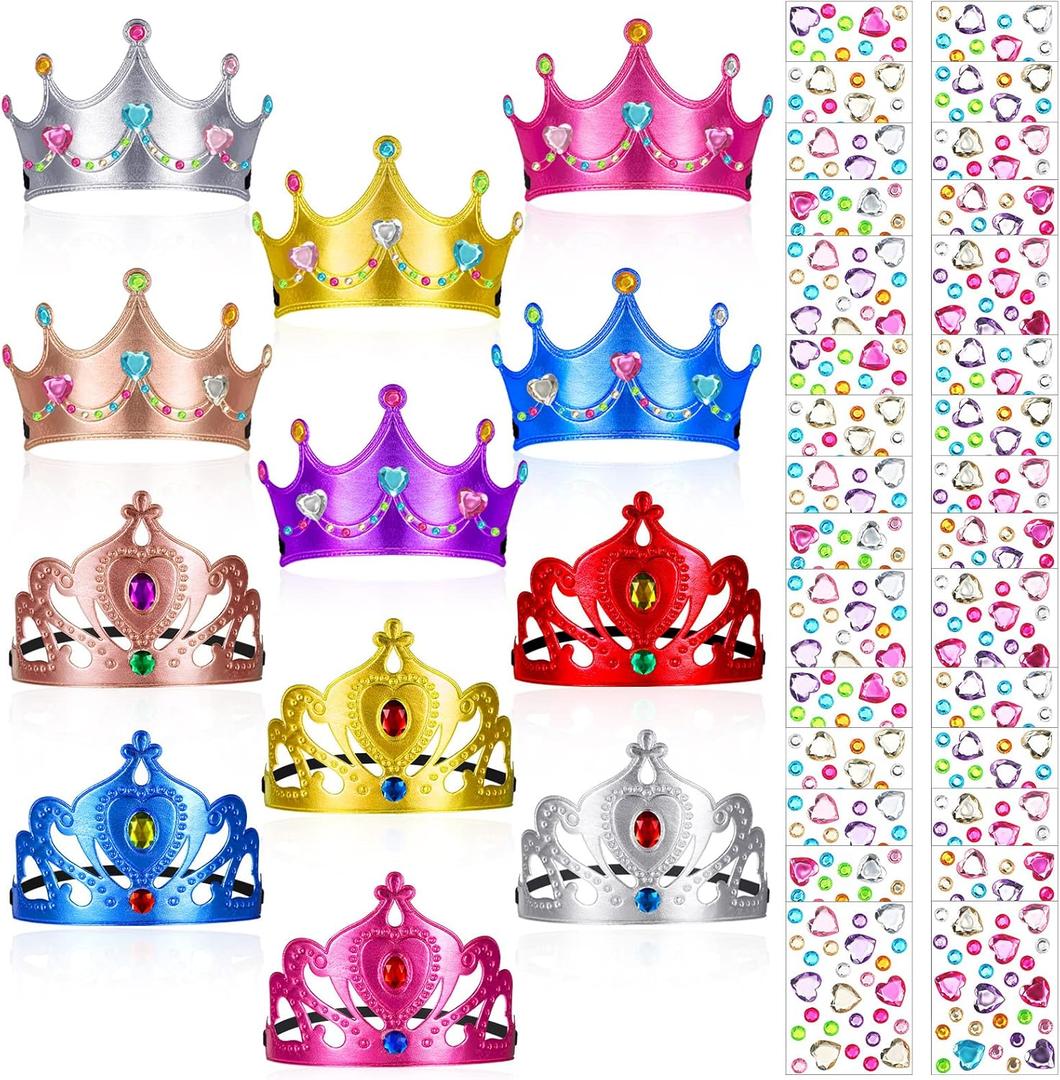 Yaomiao 22 pack DIY Crowns Set Include 12 Pcs Foam Princess Crowns and 10 Pcs Diamond Sticker for Kids (Multicolor)