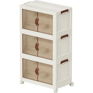66 QT Large Plastic Storage Bins with Lids Open Front, Stackable Storage Containers with Wheels for Clothes, Home, Room, White, 3 Tiers (Medium)