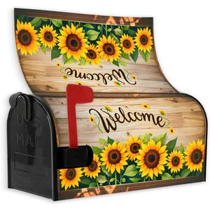 Sunflower Welcome Mailbox Cover Magnetic Standard Size 21x18 Inch Wooden Background Floral Letter Box Cover for Outdoor Garden Yard Decor