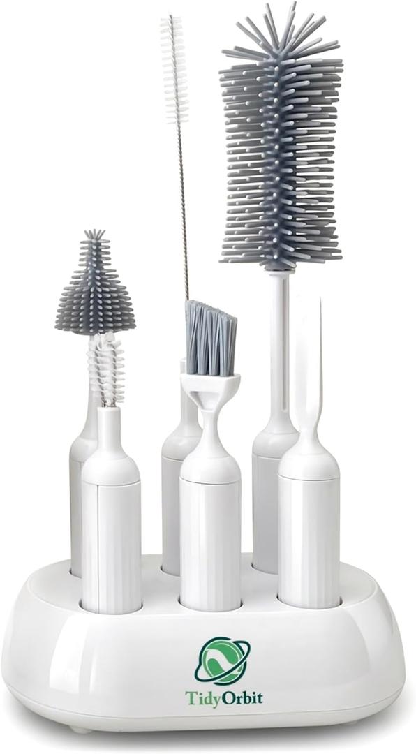 6-in-1 Bottle Brush Set with Holder Multipurpose Cleaning Kit for Baby Bottles, Reusable Water Bottles, Straws, and Lids BPA-Free, Compact Storage