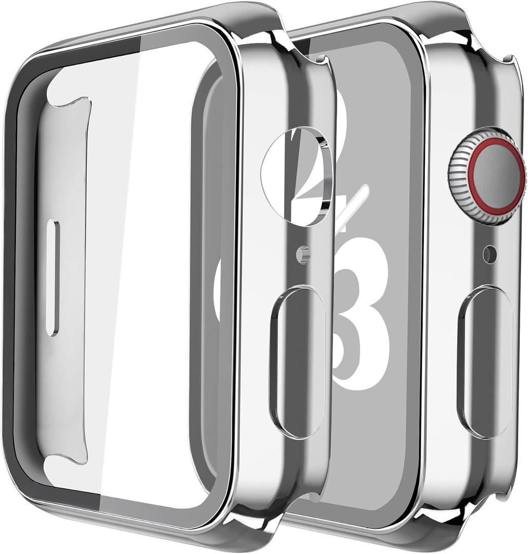 2 x Misxi 2 Pack Hard PC Case with Tempered Glass Screen Protector Compatible with Apple Watch Series 9 (2023) Series 8 Series 7 45mm, Ultra-Thin Cover for iWatch S9/S8/S7, 1 Silver + 1 Transparent