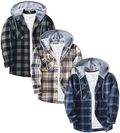 ZITY 3 Pack Men's Flannel Hoodie Shirts Long Sleeve Casual Vintage Button Down Plaid Shirt Jacket with Pocket Large