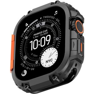 Amizee 2 in 1 Metal Armor Case for Apple Watch Ultra 3/2/1 49mm with Back Cover, Military Grade Protection Rugged Protective Bumper Cover for iWatch 49mm, Black/Orange