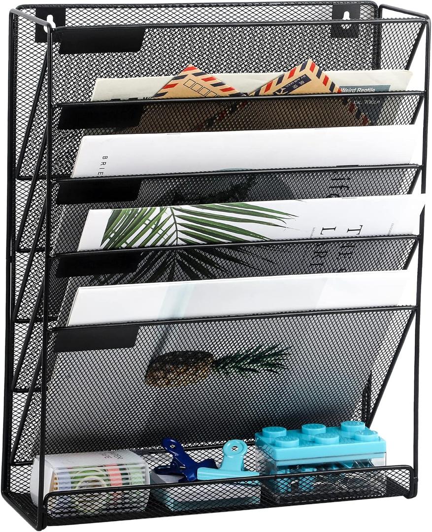 EASEPRES Desk File Organizer Mesh 6-Tier, Hanging Wall Mount Document Organization Stand, Desktop Vertical Mail Paper Folder Holder Rack with Bottom Tray for Office Home Cubicle Countertop, Black