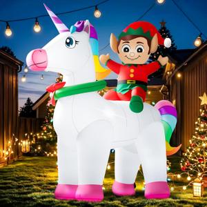 Christmas Inflatables Outdoor Decorations, 7.3FT Blow Up Yard Decorations Santa Elf Riding Unicorn with LED Lights for Lawn Garden Home Party Holiday Decor