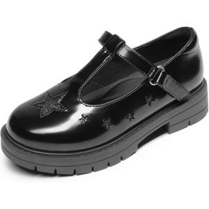 DREAM PAIRS Girls Mary Jane Dress Shoes Chunky Platform School Uniform Shoes T-Strap Oxfords Loafers Star Flats (12 Little Kid, Black-pu)