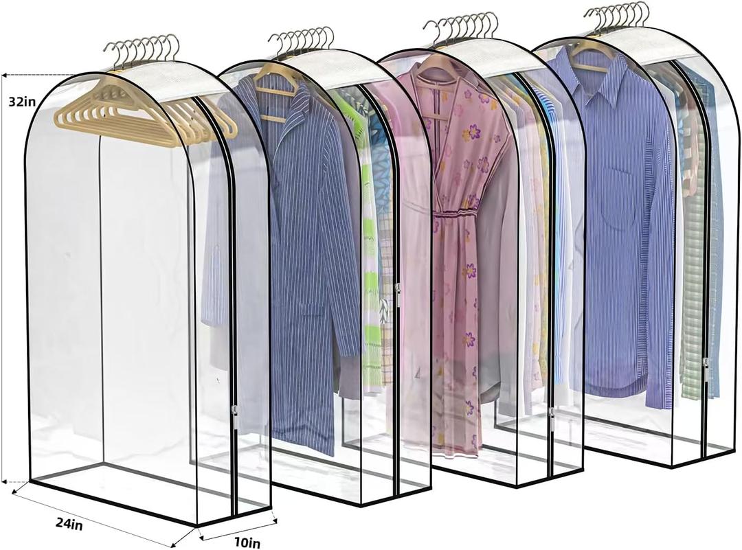 Upgraded Thickened Clear Garment Bags for Hanging Clothes 4 Packs, 10 Gusseted Clothes Hanging Storage Bags for Closet, Shirts, Coats, Dresses (32 inch)